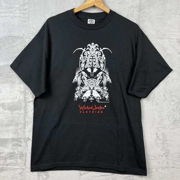 Vintage 2004 Wicked Jester Graphic T-Shirt L Black Skull Gothic Quote Tee Delta - Picture 1 of 10